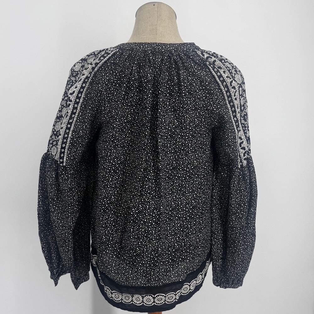 Lucky Brand Peasant Blouse Womens Small Black Floral Dot Boho Tassel Top - Picture 3 of 7